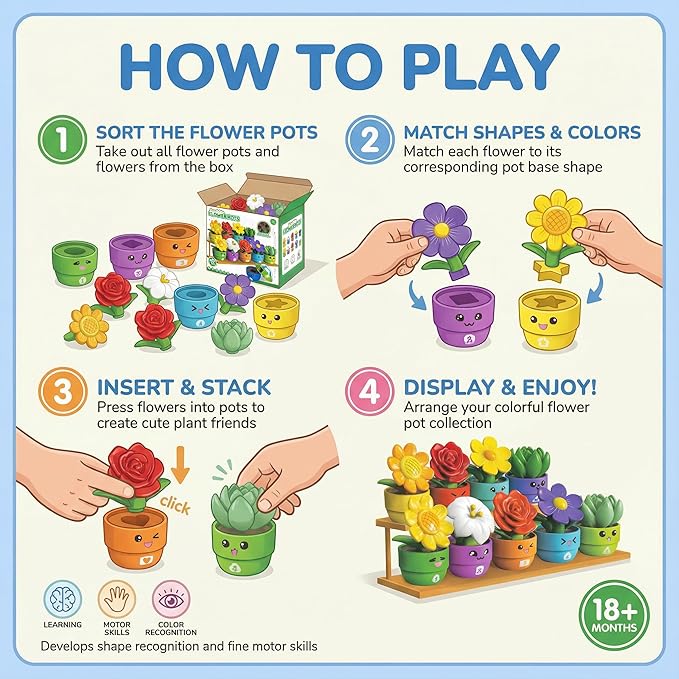 GEERAY 5 Sets Montessori Toddler Flower Garden Toys, Color Shape Sorting & Matching Game for Kids, Spring Toy Sensory Gardening Gift for 1 2 3 Year Old Girls & Boys, Preschool Classroom Learning