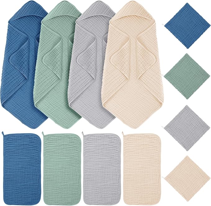Breling 12 Pcs Muslin Hooded Baby Bath Towel, Hand Towels and Washcloth Set, 36"x 36" Cotton Newborn Bath Towel Cotton Absorbent Blanket Unisex Newborn Gift Essentials for Girl Boy (Blue Series)
