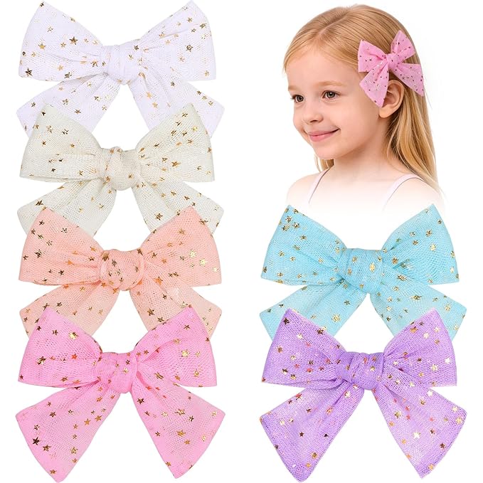 CN 6 PCS Tulle Hair Bows for Girls, Toddler Bows with Glitter Star Alligator, Colorful Hair Barrettes Wedding Sequin Hair Accessories for Baby Girls Infants Toddler Teens Party(Style J)