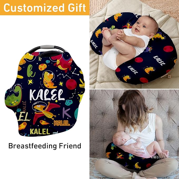Custom Name Car Seat Canopy - Baby Car Seat Covers, Infant Stroller Cover, Black Dinosaur Print Carseat Canopy Christmas Birthday Gifts for Girls and Boys(27"x29")