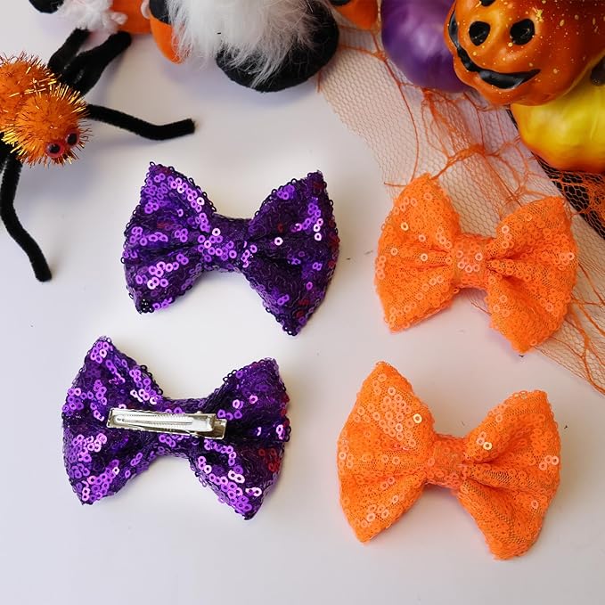 Halloween Hair Bows Clips Orange Sequins Alligator Hair Clips Bows for Girls Purple Glitter Barrettes Little Bow Hairpins Toddler Teens Sparkly Hair Accessories for Kids Teens Gift