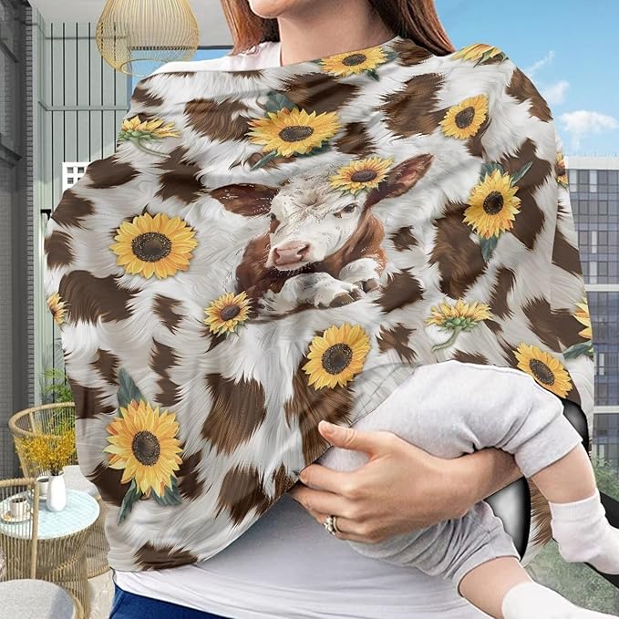 GIFTPUZZ Sunflower Cow Car Seat Covers for Babies Blocks Sunlight Carseat Canopy Ultra Soft Breathable Fabric Babies Car Seat Protection Adjustable Stretchy Breastfeeding Scarf Infant Carseat