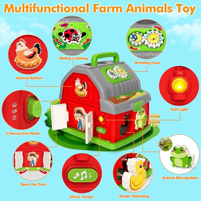 Ellinjan Montessori Learning Toys for 1 2 3 Year Old Boys Girls, Musical Farm Animals for Toddlers 1-3, Interactive Barn Toy with Light & Sound, Birthday Gifts for Baby Kid Toddler Age 12-18 Months