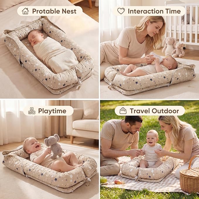 Baby Lounger for Newborn, Breathable and Soft Baby Lounger Pillow, Portable Infant Lounger with Removable Cover, Adjustable Lounger for Baby 0-12 Months, Tummy Time Baby Lounger for Home and Travel