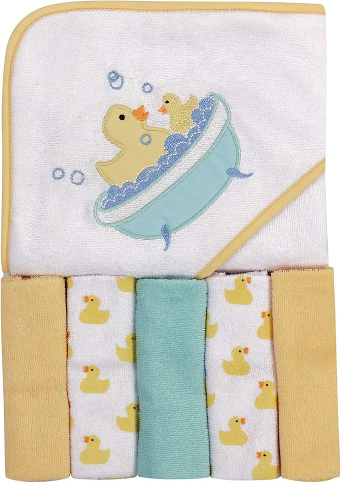 Luvable Friends Unisex Baby Hooded Towel with Five Washcloths, Bathtime Duck, One Size
