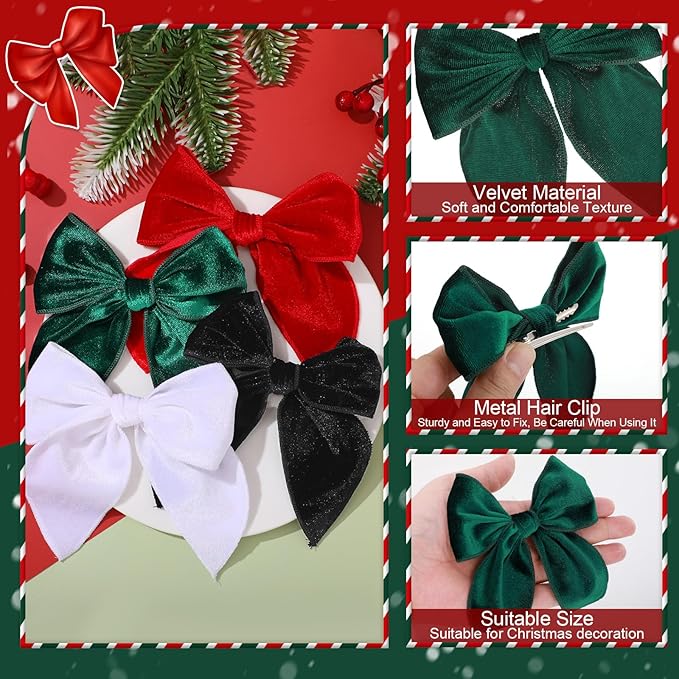 Christmas Hair Bows for Girls, 4 Pcs Velvet Bow Hair Clips, Fable Hair Accessories for Little Girls Toddler Kids (Medium, 5in)