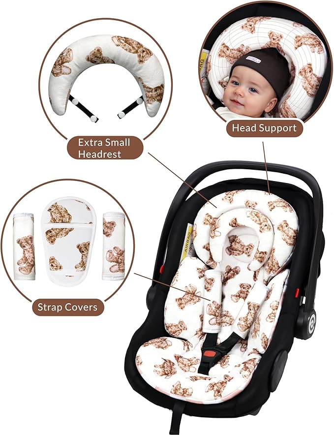 Tinlyfinly Infant Car Seat Insert with Removable Cushion for Preemie to Toddler, Reversible Newborn Carseat Insert for Baby Head Body Support, Fits for Stroller, Baby Swing, Bouncer (Teddy Bear)