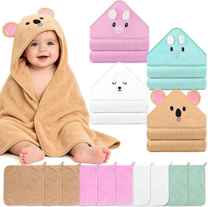 14PCS Baby Bath Towels Set for Newborn, 4PCS Animal Hooded Baby Towels(31.5''x31.5'') & 10PCS Washcloths for Toddler, Soft and Absorbent Coral Fleece, Essential Gifts for Boys & Girls