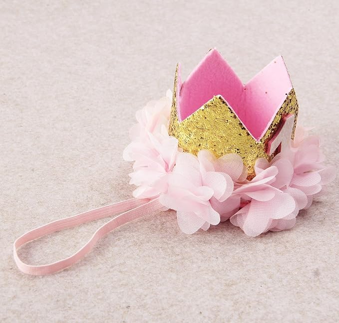 Nishine Gold Glitter Crown Headband Pink Flower Crown Tiara Hairband for Baby Birthday Party Supplies Photo Props (Chiffon& 1)