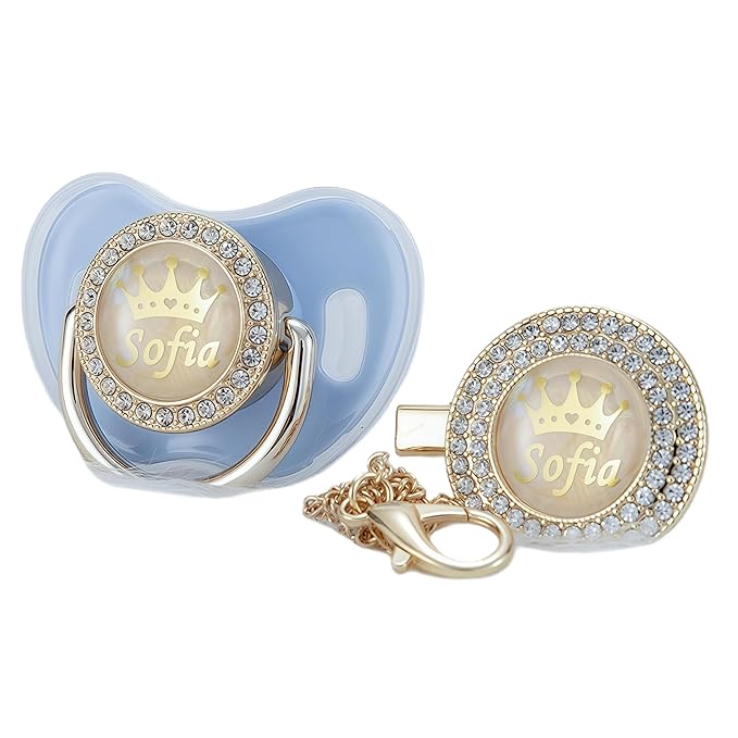 Personalized Name Bling Rose Gold Pacifier and Clip Set Ideal Gift for Baby Shower New Born Photoshoot & Keepsake (Light Blue)
