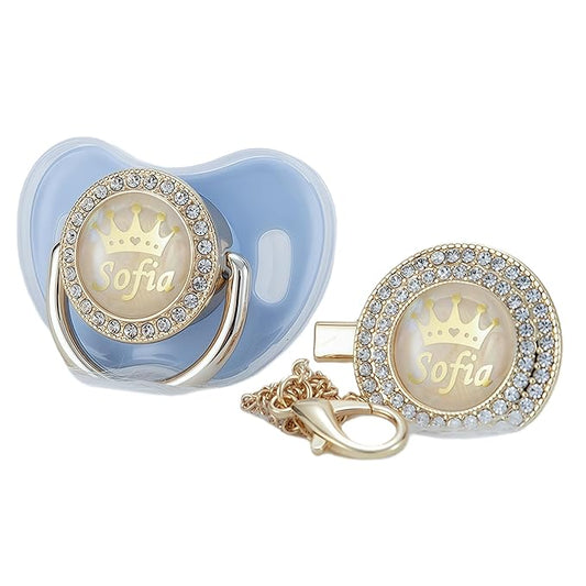 Personalized Name Bling Rose Gold Pacifier and Clip Set Ideal Gift for Baby Shower New Born Photoshoot & Keepsake (Light Blue)