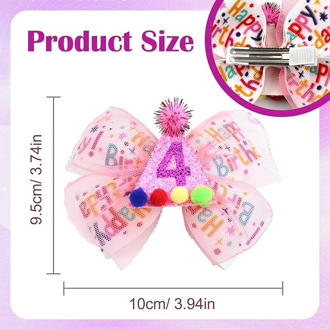 4th Birthday Hair Bow for Girls, Hot Pink Hair Clip Hair Accessories for Girls 1 2 3 4 5 6 Years Birthday Party Supplies Decorations