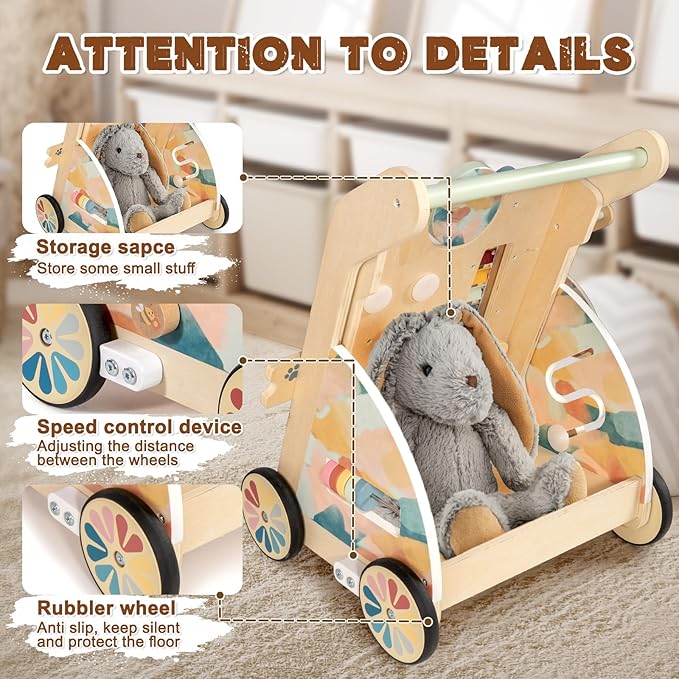 LOL-FUN Wooden Baby Walker with Detachable Busy Board, Push Walker for Baby with Adjustable Speed Wheels, Activity Learning Walker for Boys Girls 12 Months