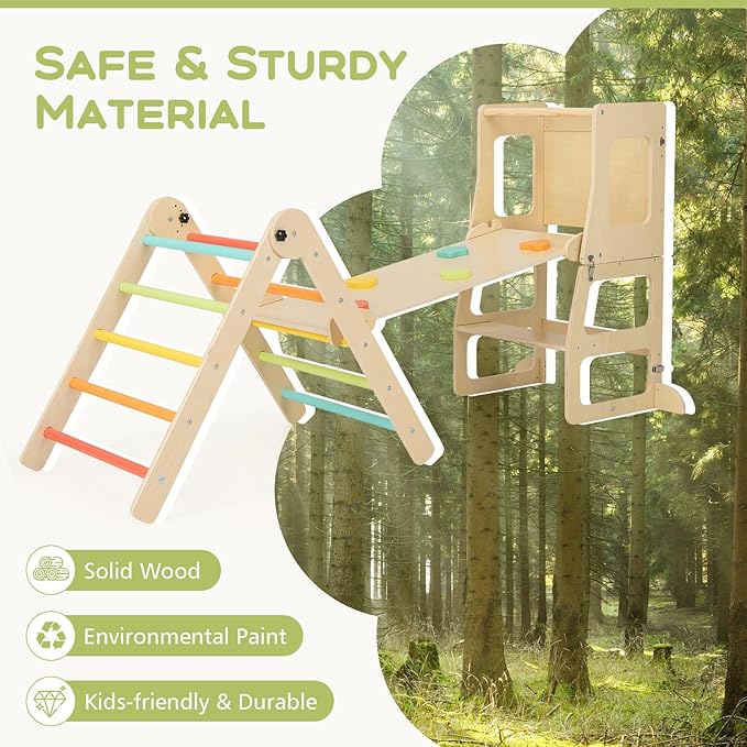 Olakids Pikler Triangle Set 8 in 1 Climbing Toys for Toddlers Foldable Wood Montessori Jungle Gym with Toddler Tower Angle Adjustable Ladder Ramp Slide Indoor Playground Baby Climber