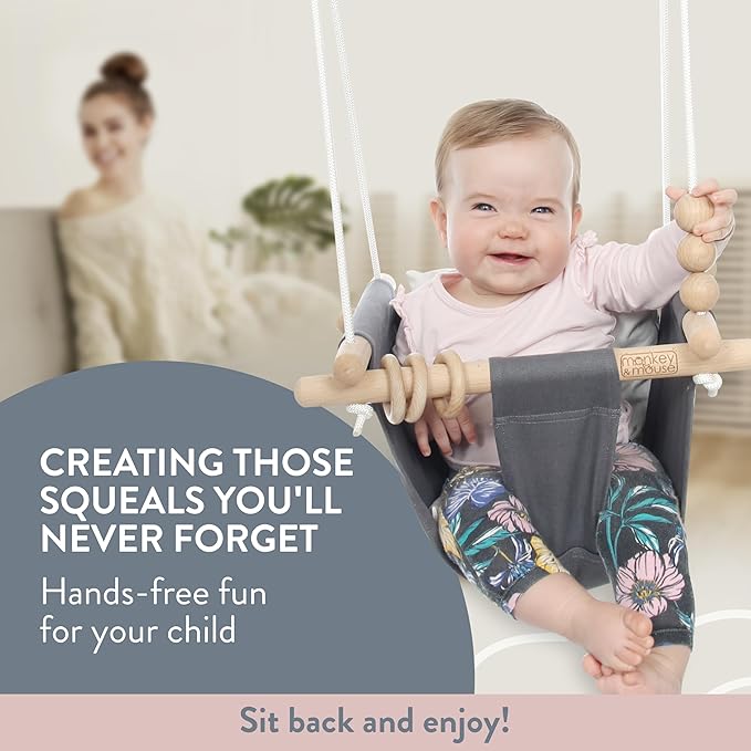 Monkey & Mouse Baby Swing, Grey White Indoor Outdoor Portable Hanging Chair - Infant & Toddler Kids 6 Months - 4 Years, Cotton Canvas & Beech Wood Frame, Sensory Hammock Boy & Girl Seat w/Wooden Toys