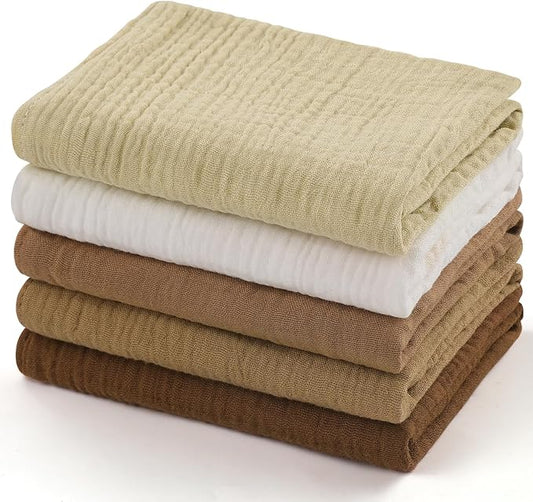 MUKIN Baby Washcloths,Muslin Burp Cloths Towels for Newborns,Absorbent Cotton Bath Face Towel ，5 Pack, 12x12 Inches (Amber Glow)
