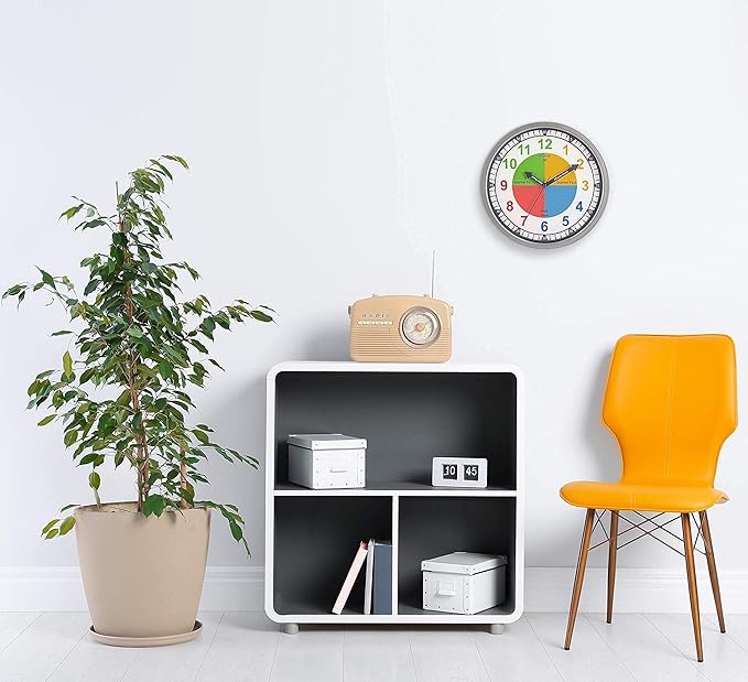 Bernhard Products Colorful Kids Wall Clock Teaching Time Telling Silent Non-Ticking Educational Learning Tool, Colored Numbers for Children Teachers Homeschool and Parents, School Classroom Playroom