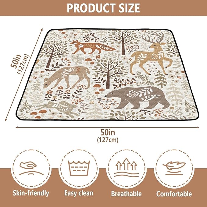 Baby Play Mat Woodland Fox Deer Trees Leaves 50 x 50 Playpen Mat Baby Play Mats for Floor Play Gym Crawling Mat Non-Slip Cushioned Baby Playmat for Infants, Babies, Toddlers