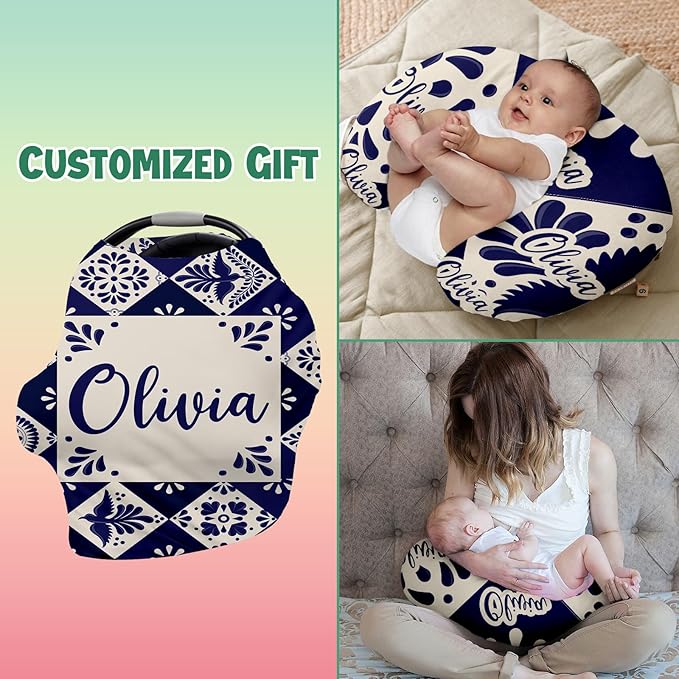 Custom Car Seat Covers for Babies - Breathable Baby Car Seat Cover for Girls Boys, Kick-Proof Newborn Carrier Canopy Stretchy Stroller Cover for 4 Seasons Deep Blue Flower