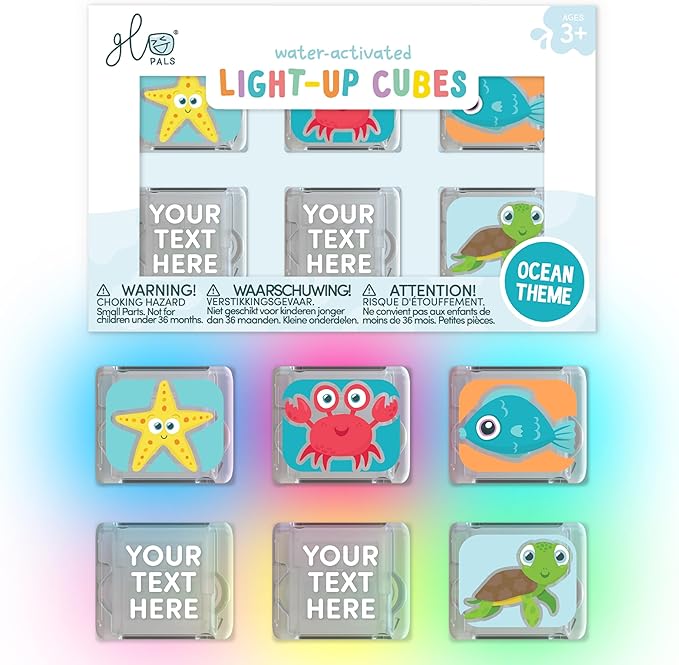 Glo Pals Personalized Ocean Theme Water-Activated Light-Up Cubes Bath Toy – 6 Pack Bath Toys for Kids, Custom Name Light Up Bath Cubes, Sensory Bath Toys for Toddlers