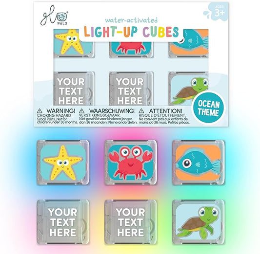 Glo Pals Personalized Ocean Theme Water-Activated Light-Up Cubes Bath Toy – 6 Pack Bath Toys for Kids, Custom Name Light Up Bath Cubes, Sensory Bath Toys for Toddlers