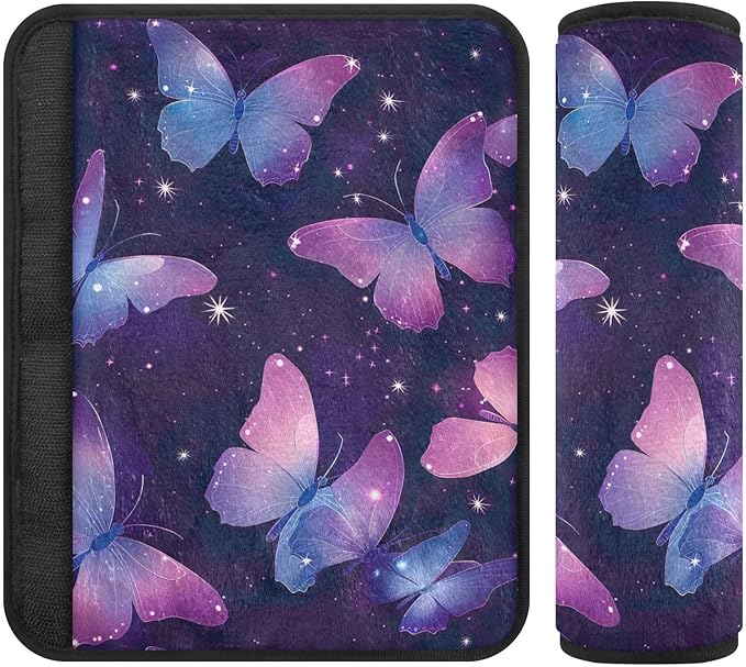 CHIFIGNO Pack of 2 Purple Butterflies and Stars Seat Belt Cover Pad Cute Seat Belt Strap Cover Car Seat Shoulder Protector for Car Bag