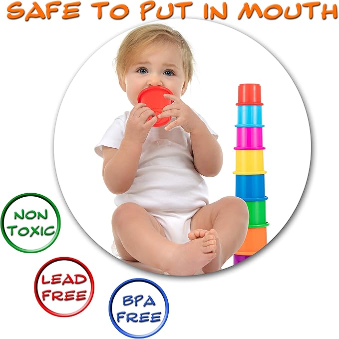 Driddle Colorful Stacking & Nesting Cups - 8 Cups Fun Color Learning Toy - Great Bath & Beach Toy for Baby Toddler & Kids - Preschool Game