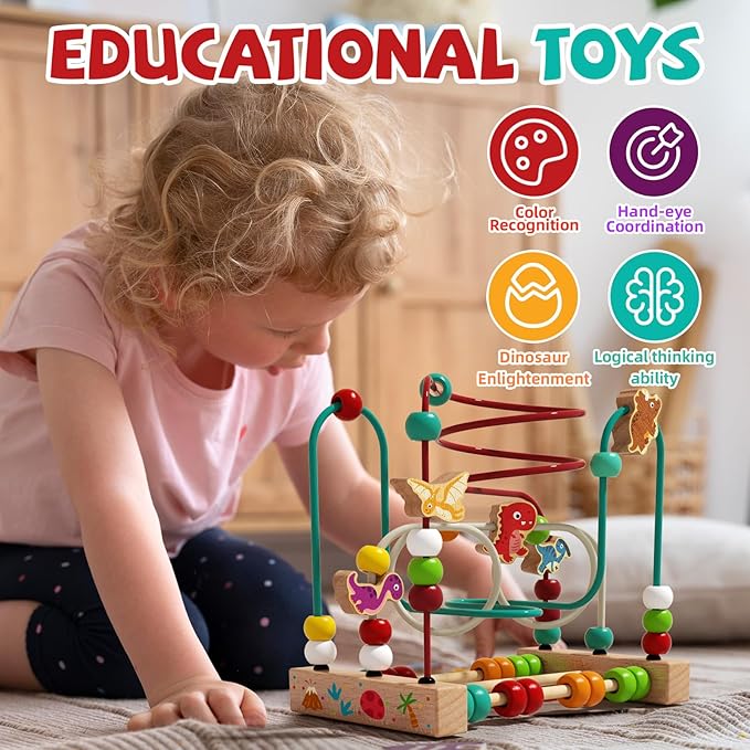 Wooden Bead Maze Roller Coaster Toys for Toddlers, Dinosaur Colorful Shape Montessori Toys for 2-3 Year Old, Educational Learning Counting Toy for Baby Kids, Gift for Girls Boys