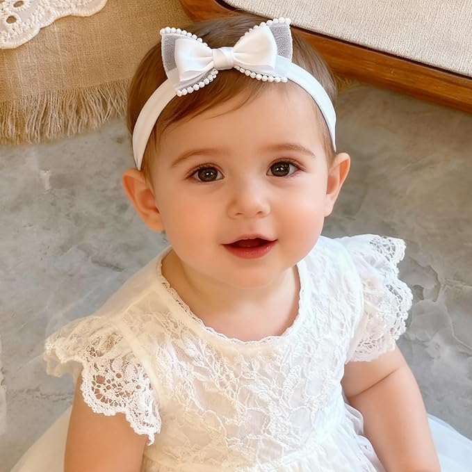 Baby Girls Headband White Bow Lace Headbands Soft Elastic Bowknot Hairbands Cute Hair Accessory for Newborn Kids Infant Toddler Baptism Birthday Party (White Bow)
