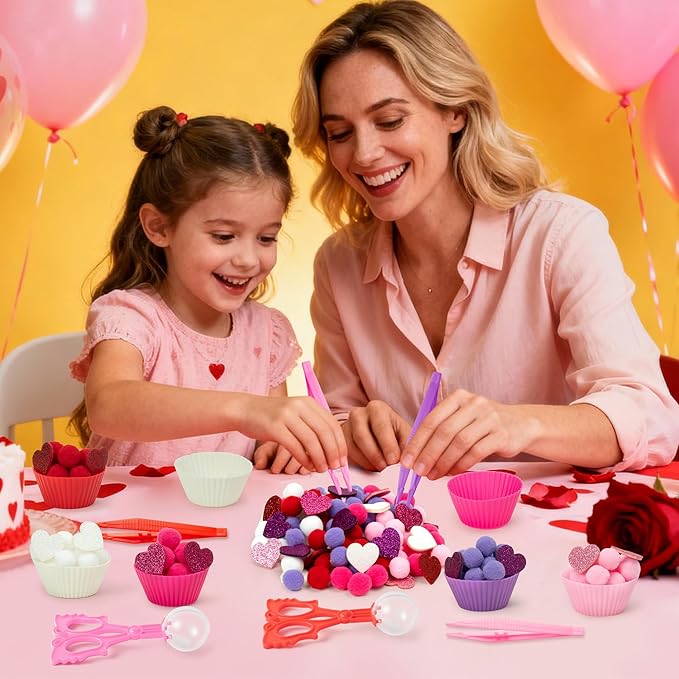EZdhuawuse Valentines Sensory Bin Fillers - 267P Valentine’s Day Gift Fine Motor Toys Counting Sorting for Kids, Counting Toy with Shiny Heart Pink Pom Poms Cup Clip for Preschool Education Activities