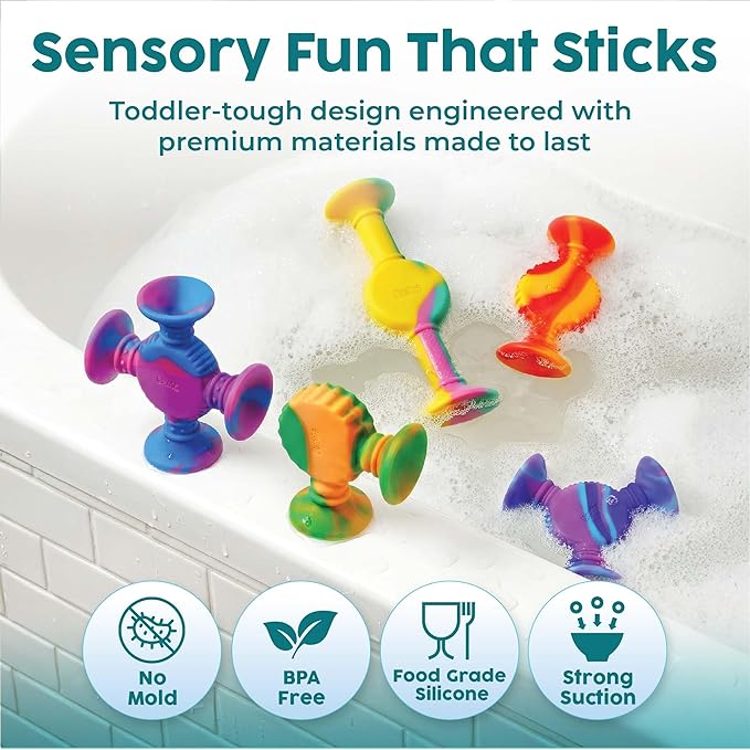 BUNMO Rainbow Textured Suction Toys – 10 Pack | Bath Toys and Suction Toys | Silicone Kids Bath Toys for Kids Ages 3+ | Bathtub Toys, Shower Toys & Travel | BPA-Free