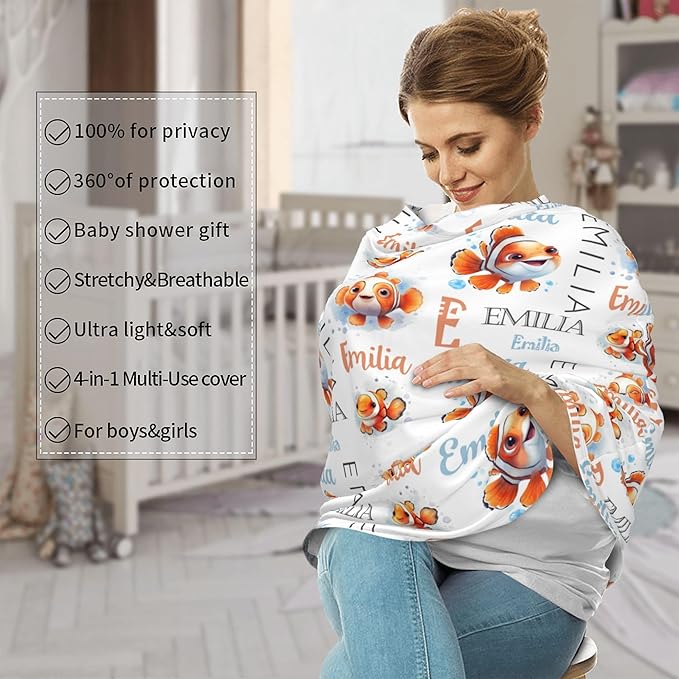 Personalized Baby Car Seat Cover with Name Stroller Canopy Custom Clownfish Carseat Cover Newborn Baby Boy Girl Nursing Cover for Moms First Birthday Gift