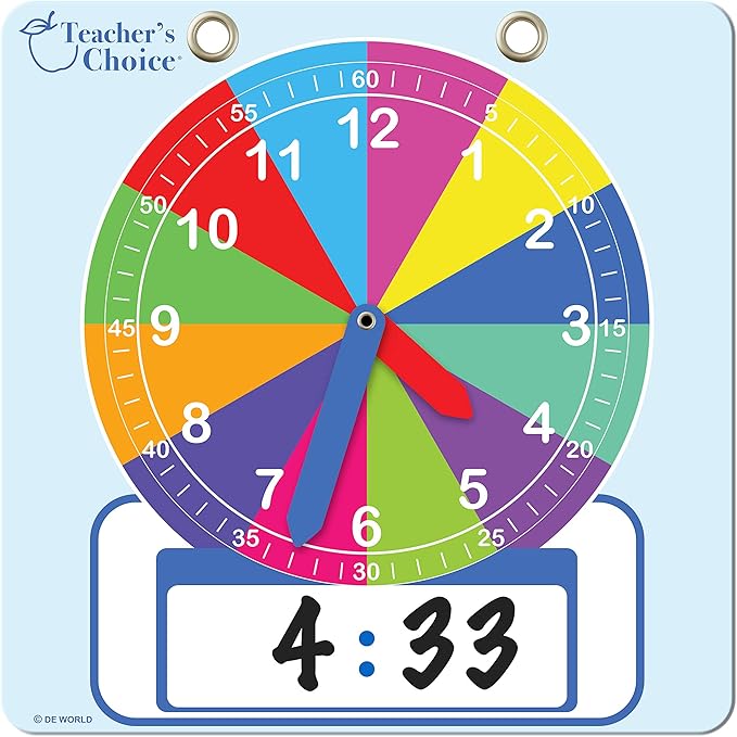 Teacher's Choice Writable Dry Erase Learning Clock | Large 12" Demonstration Teaching Time Practice Clock with Dry Erase Writing Surface | Marker Included | (Rainbow)