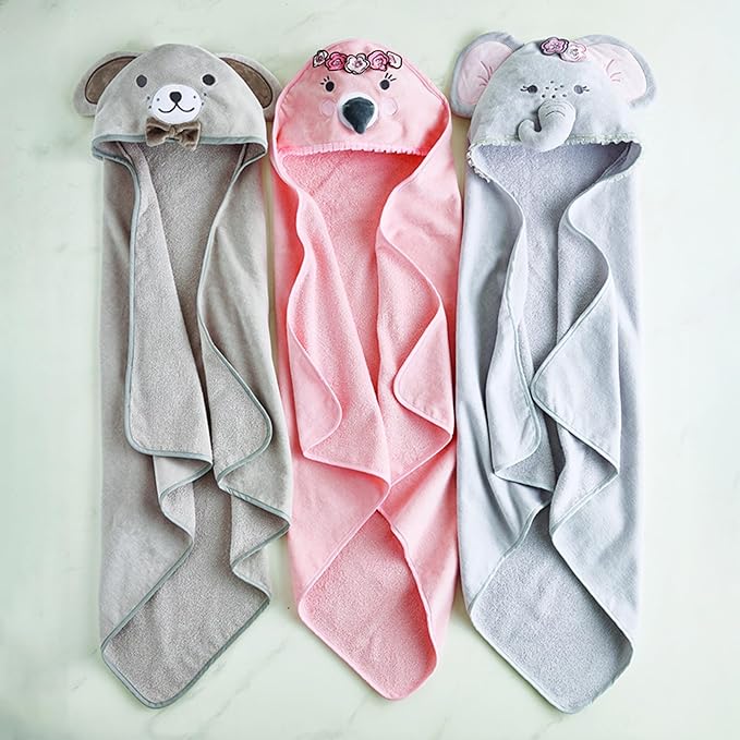 Stephan Baby Hooded Towel - 100% Cotton with Fun Animal Design for Infants and Toddlers, 31" Square, Elephant Pink