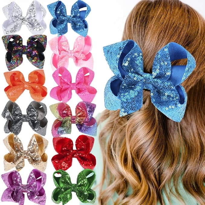 6 Inch Gold Sparkly Glitter Sequin Hair Bows for Girls Toddlers Kids Children Teenage (2PCS)