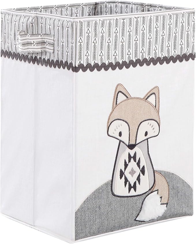 Levtex Baby - Bailey Nursery Hamper - Appliqued and Embroidered Fox - White Canvas with RIC Rac and Arrow Trim - Nursery Accessories - Size: 20x20x18in.