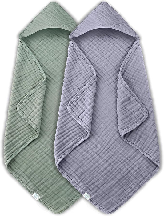 MOON PARK 2 Pack Muslin Hooded Baby Bath Towels for Newborns, Infants, Toddlers - 100% Cotton - Large 32x32Inch Size - Highly Absorbent and Essential, Green and Grey