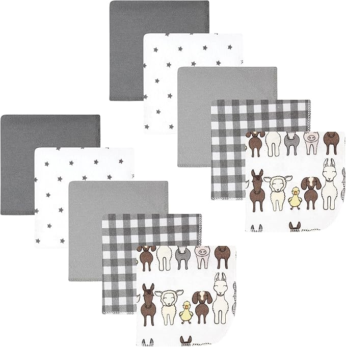 Hudson Baby Unisex Baby Flannel Cotton Washcloths 10-Pack, Farm Friends Grey, One Size