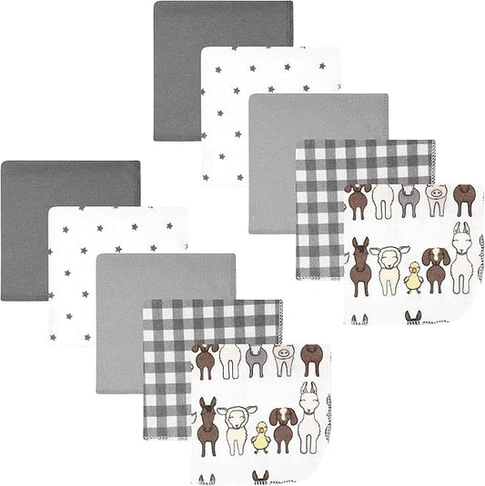 Hudson Baby Unisex Baby Flannel Cotton Washcloths 10-Pack, Farm Friends Grey, One Size