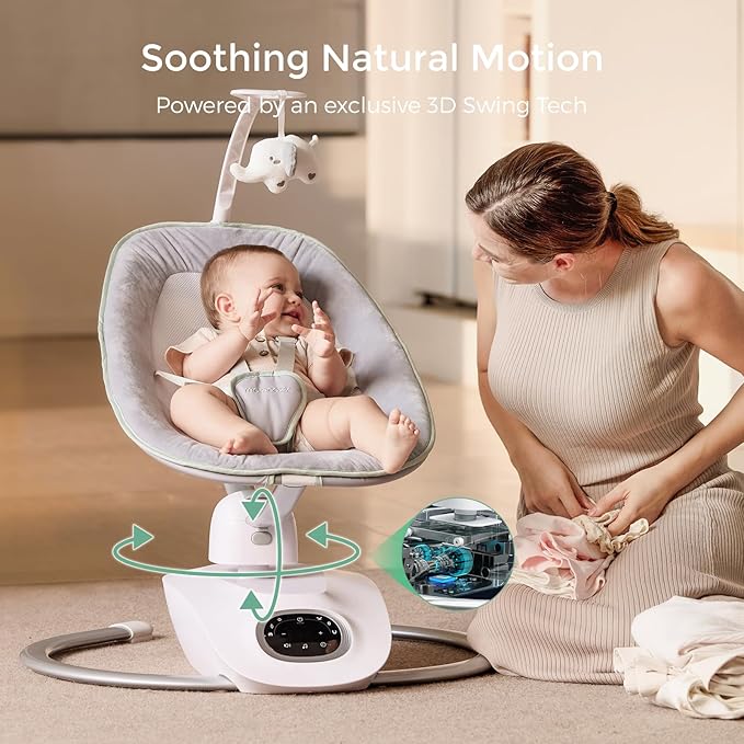 Momcozy CocoSway Electric Baby Swing for Infant, 180° Rotating Seat, 6 Parent-Like Sway Motions & 4 Speeds, Quiet Soothing, Remote Control, Machine-Washable Cover, Grey