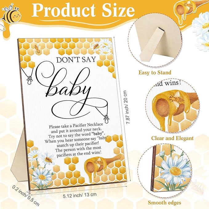 Geetery 51 Pcs Don't Say Baby Game Sign Cool Baby Shower Game 50 Pacifier Necklace Wooden Don't Say Sign Plastic Pacifier Party Favor for Gender Reveal(Bee,Blue)