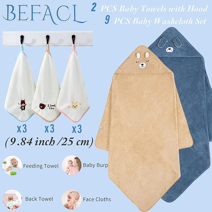 Hooded Towel for Baby, 2 Pack Coral Fleece and 9 Baby Washcloths, Soft and Absorbent Baby Towels Large 35.5x35.5 Inch Shower Towel Gift for Newborns, Infants and Toddlers (Navy Blue Dog+Brown Bear)