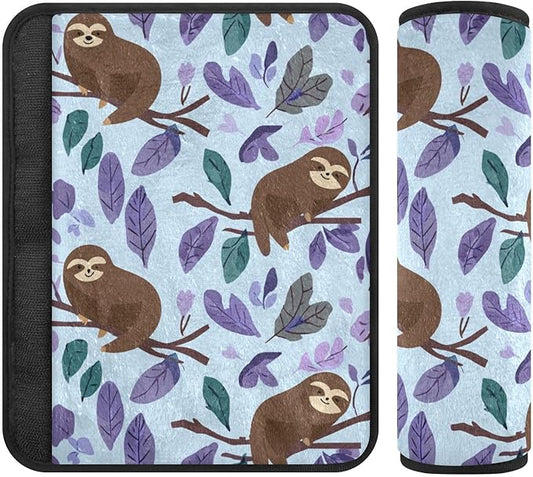 2 Pack Seatbelt Covers Seat Belt Cover Pad for Adults Boys Girls Car Seat Strap Covers Pads Cushion Universal Shoulder Strap Pad Protector for Backpack Camera Bag 10x7.7Inch Cartoon Sloths Branch Purp