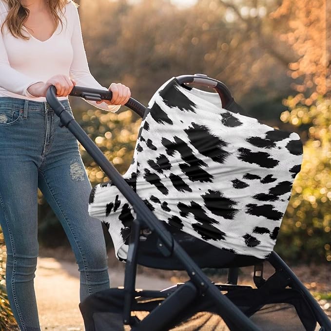 Wanyint Black White Cow Print Infant Car Seat Cover, Baby Carseat Scarf Stretchy Nursing Scarf Car Seat Canopy Breathable Nursing Cover for Boys Girls