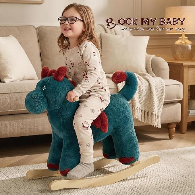 Rocking Horse Dragon, Baby Animal Rocker, Plush Rocking Horse with Sweet Music, Ride on Horse,Wooden Rocking Horse for Toddlers 18+ Months, (Blue Dragon), CPC Certified