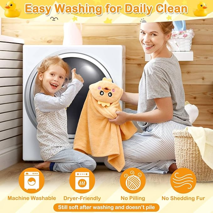 Flasoo 4 Pcs Toddler Bath Towel Set, 1 Pc Toddler Hooded Towel & 3 Pcs Baby Washcloths, Large 27.5"X55" Hooded Towels Kids, Absorbent Soft Thick Toddler Towels for Boy Girl 0-5 Year (Yellow Duck)