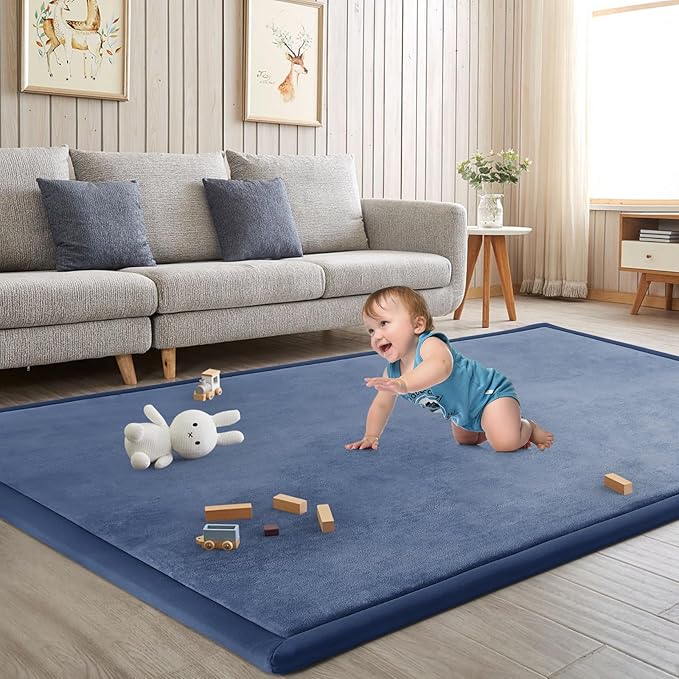 Baby Play Mat for Floor Nursery Rug Muscle Mat Area Rug Playroom Rug 47"x47" Playpen Mat Memory Foam 1.3" Thick Crawling Mat for Babies,Toddlers, Infants, Kids,Sapphire Blue
