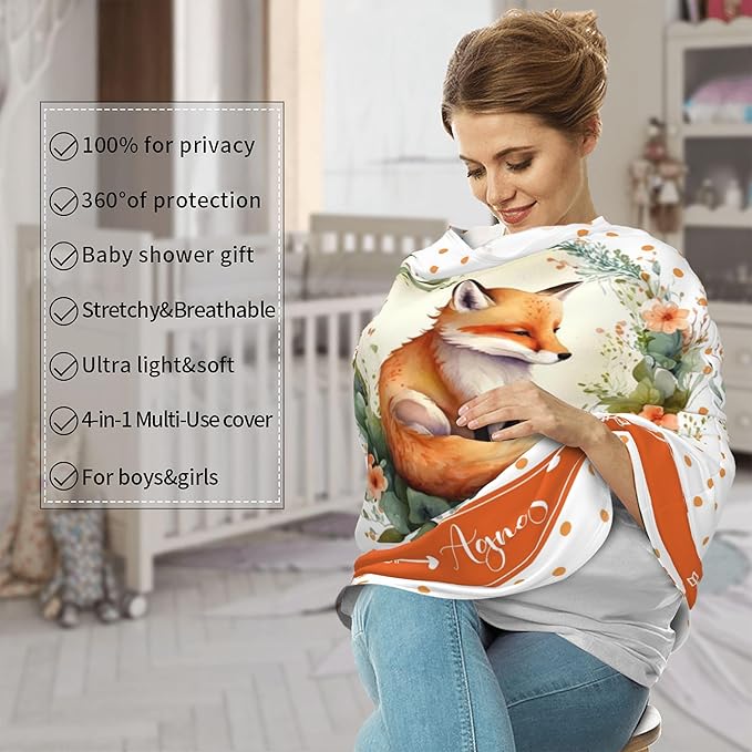 Personalized Fox Baby Car Seat Cover with Name,Multi-Use Canopy for Nursing, Strollers,Shopping Carts,Customized Breastfeeding Cover, Full Privacy,Infant Stroller Cover