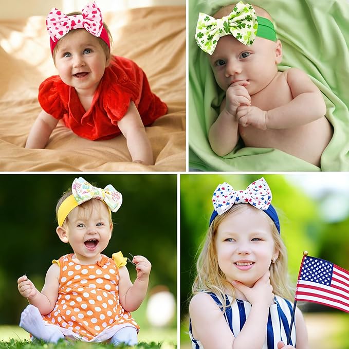 JATEBI 4 Pcs 6" Holiday Baby Bows Headbands for Newborn Infant Toddler, Soft Stretchy Nylon Hair Bands, Holiday Hair Accessories for Valentine’s Day, St. Patrick’s Day, Easter, 4th of July