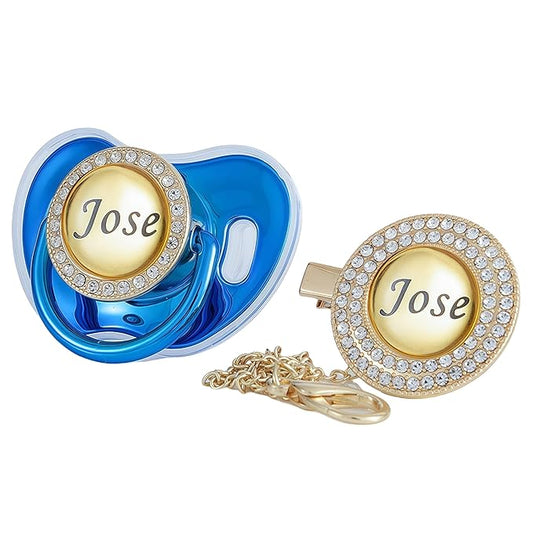 Custom Name Bling Pacifier & Clip Set – Personalized Binky for Baby Shower, Newborn Keepsake for Photos (Metallic Blue)